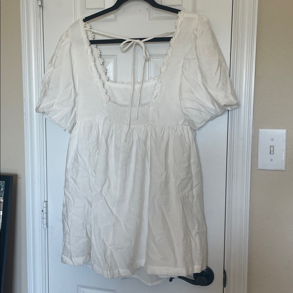 TCEC puff sleeve square embroidered neck white dress, size medium - Picture 2 of 7